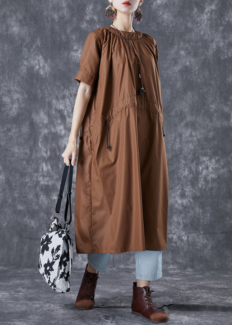 Boutique Coffee Drawstring Pockets Cotton Robe Dresses Summer