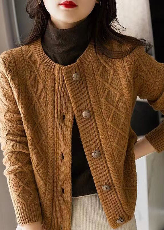 Boutique Chocolate O-Neck Button Thick Cable Knit Cardigans Winter