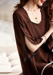 Boutique Coffee Patchwork Nail Bead Chiffon Mid Dresses Long Sleeve