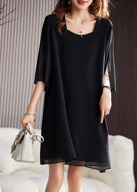 Boutique Coffee Patchwork Nail Bead Chiffon Mid Dresses Long Sleeve