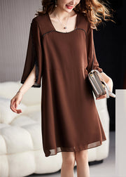 Boutique Coffee Patchwork Nail Bead Chiffon Mid Dresses Long Sleeve