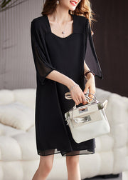 Boutique Coffee Patchwork Nail Bead Chiffon Mid Dresses Long Sleeve