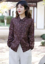 Boutique Coffee Print Button Patchwork Linen Shirts Top Long Sleeve