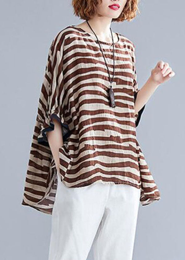 Boutique brown Striped Asymmetrical Patchwork Cotton Top Short Sleeve