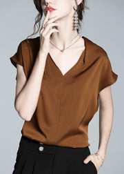 Boutique Coffee V Neck Solid Silk Shirt Short Sleeve