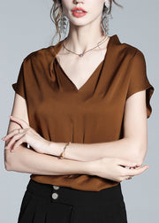 Boutique Coffee V Neck Solid Silk Shirt Short Sleeve