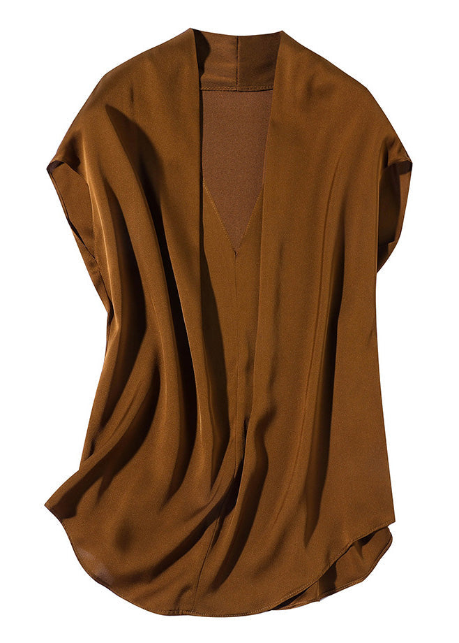 Boutique Coffee V Neck Solid Silk Shirt Short Sleeve