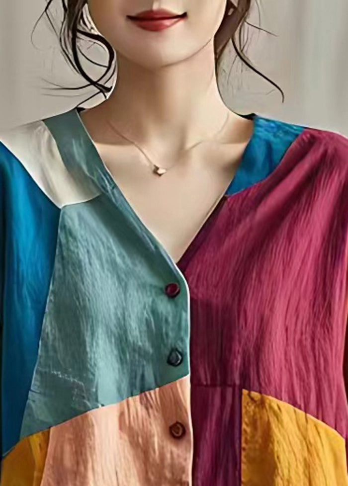 Boutique Colorblock Asymmetrical Patchwork Linen Shirt Tops Summer