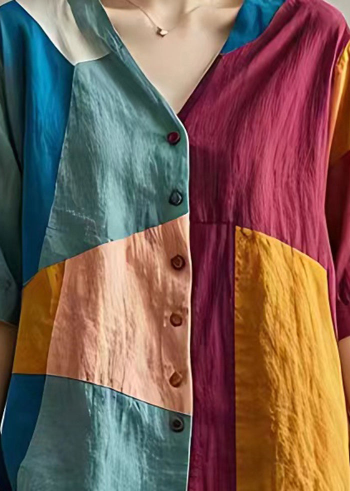 Boutique Colorblock Asymmetrical Patchwork Linen Shirt Tops Summer