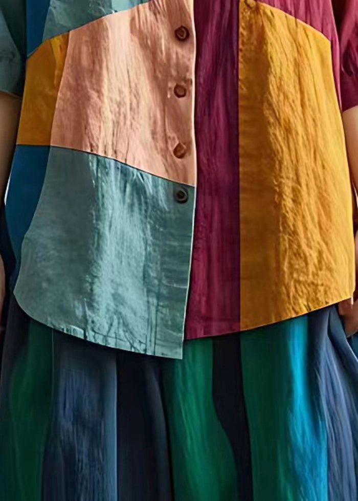 Boutique Colorblock Asymmetrical Patchwork Linen Shirt Tops Summer