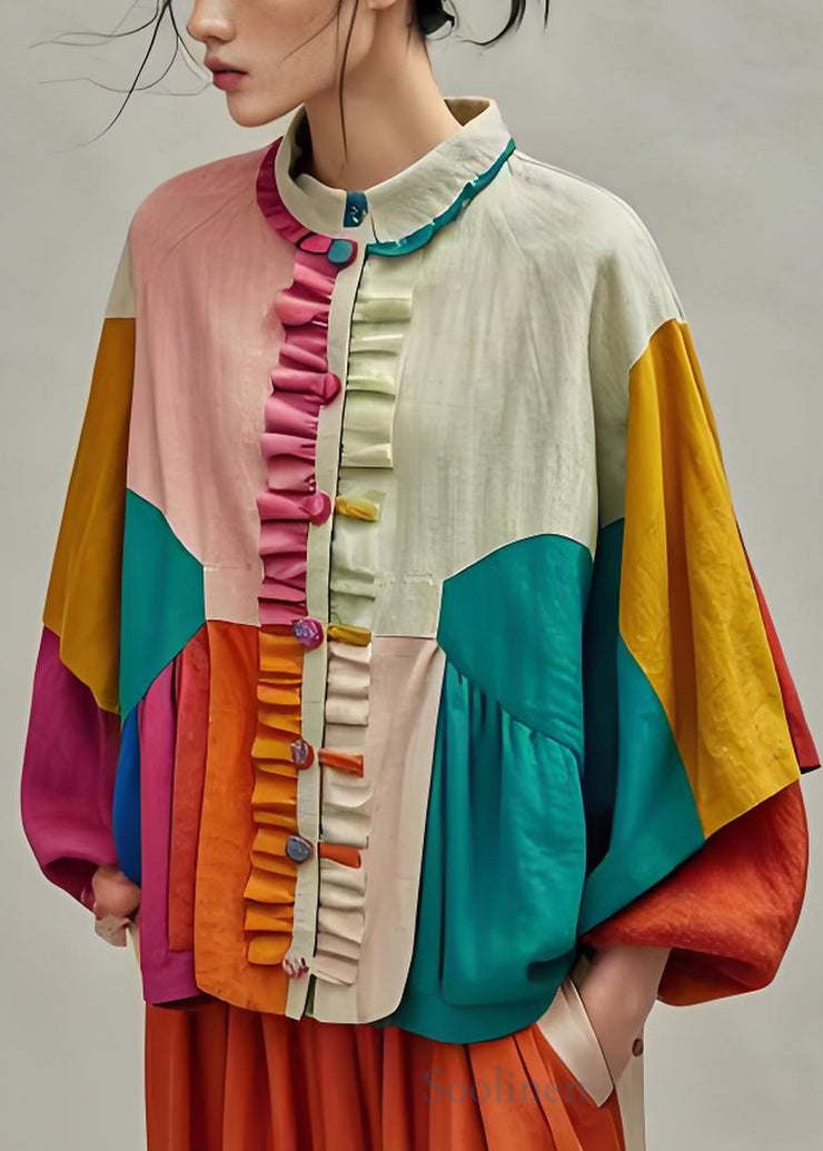 Boutique Colorblock Ruffled Patchwork Cotton Coat Lantern Sleeve