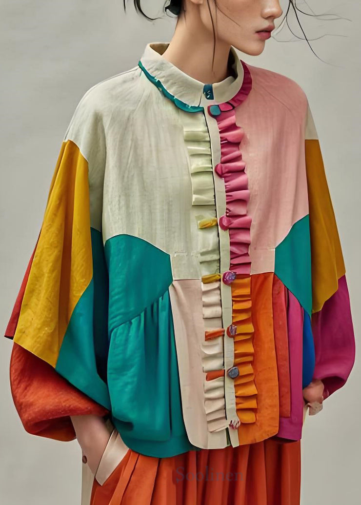 Boutique Colorblock Ruffled Patchwork Cotton Coat Lantern Sleeve