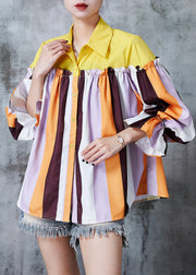 Boutique Colorblock Striped Ruffled Patchwork Cotton Shirt Tops Fall