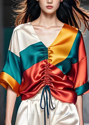 Boutique Colorblock V Neck Cinched Silk Shirt Top Summer