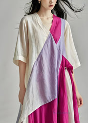 Boutique Colorblock V Neck Patchwork Cotton Long Dress Summer