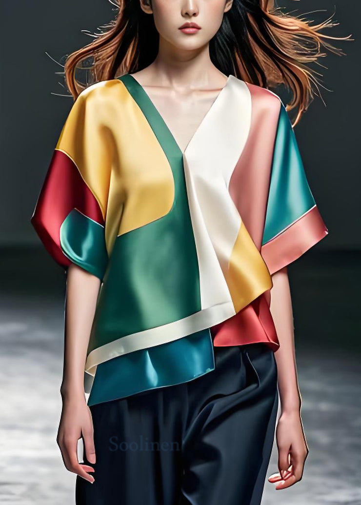 Boutique Colorblock V Neck Patchwork Silk Blouse Tops Summer