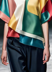 Boutique Colorblock V Neck Patchwork Silk Blouse Tops Summer