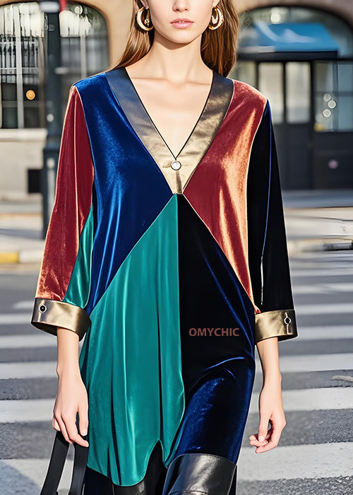 Boutique Colorblock V Neck Patchwork Velvet Dresses Fall