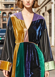 Boutique Colorblock V Neck Patchwork Velvet Long Dresses Fall