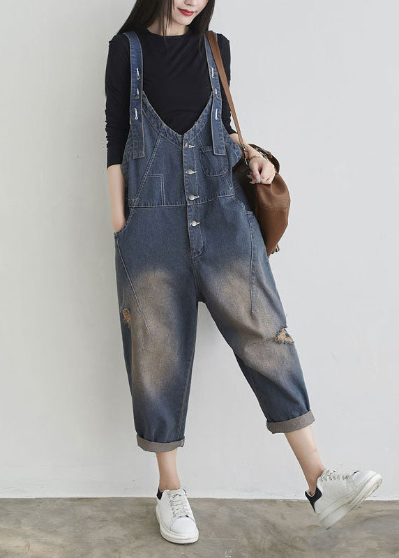 Boutique Dark Blue Patchwork Ripped Denim Jumpsuits Spring