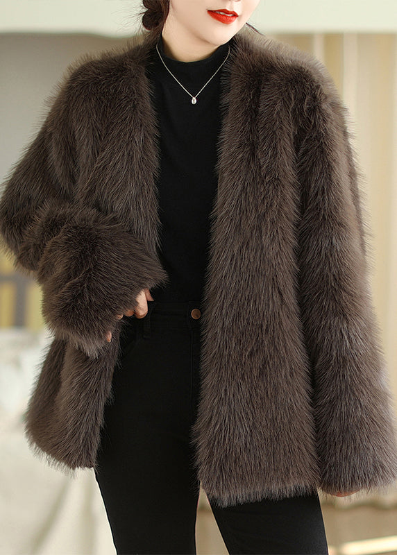 Boutique Fashion Coffee V Neck Faux Fur Coats Winter