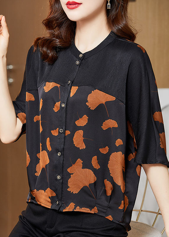 Boutique Ginkgo Leaf O Neck Patchwork Print Silk Shirt Summer