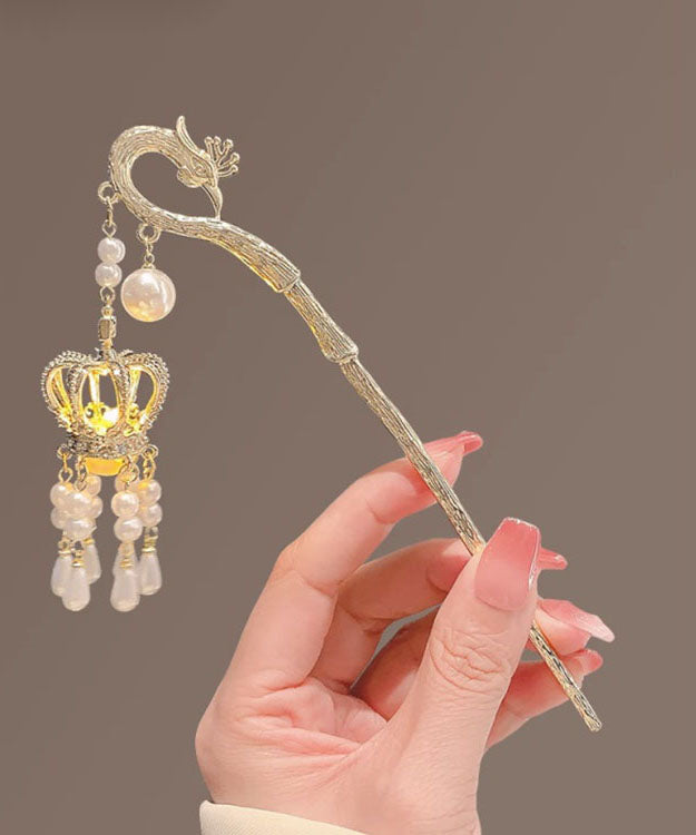 Boutique Gold Alloy Zircon Pearl Tassel Crown Hairpin