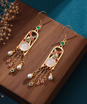 Boutique Gold Cloisonne Jade Tassel Drop Earrings