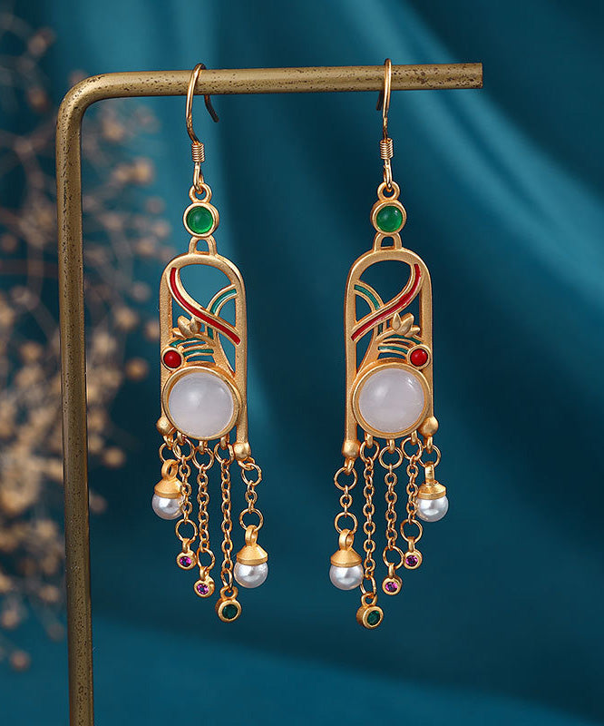 Boutique Gold Cloisonne Jade Tassel Drop Earrings