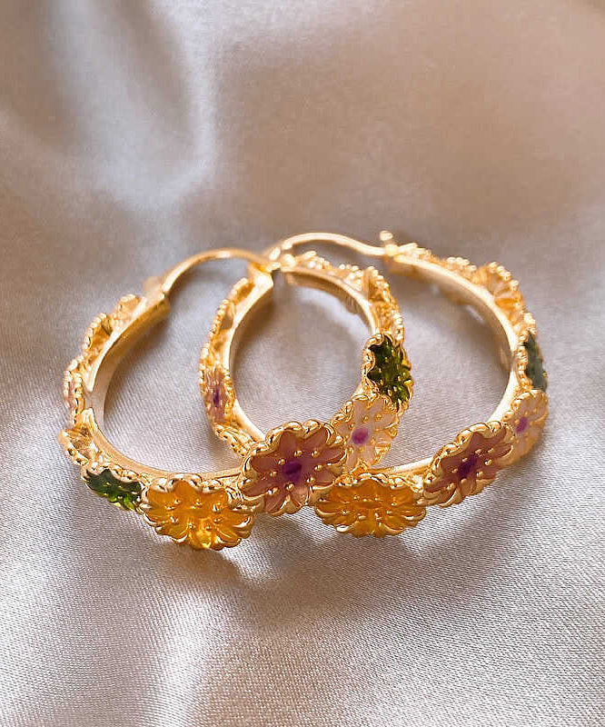 Boutique Gold Sterling Silver Alloy Floral Hoop Earrings