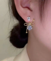 Boutique Gold Sterling Silver Overgild Zircon Crystal Bow Drop Earrings