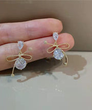 Boutique Gold Sterling Silver Overgild Zircon Crystal Bow Drop Earrings