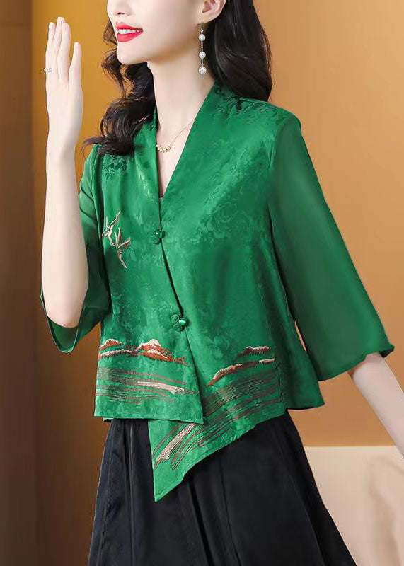 Boutique Green Asymmetrical Embroideried Silk Shirt Tops Bracelet Sleeve