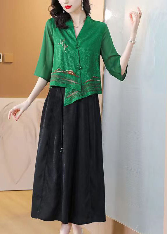 Boutique Green Asymmetrical Embroideried Silk Shirt Tops Bracelet Sleeve