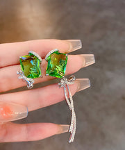 Boutique Green Copper Zircon Asymmetrical Square Bow Drop Earrings