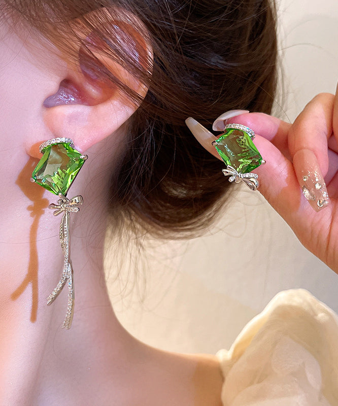 Boutique Green Copper Zircon Asymmetrical Square Bow Drop Earrings