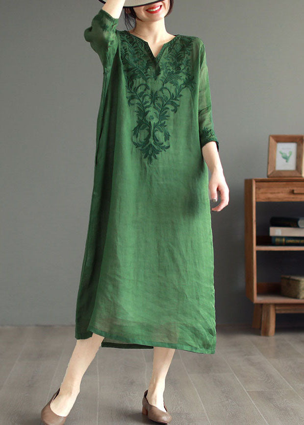 Boutique Green Embroideried Patchwork Linen Dresses Bracelet Sleeve