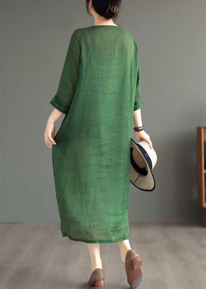 Boutique Green Embroideried Patchwork Linen Dresses Bracelet Sleeve