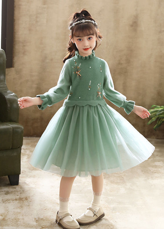 Boutique Green Embroideried Patchwork Tulle Baby Girls Dress Fall