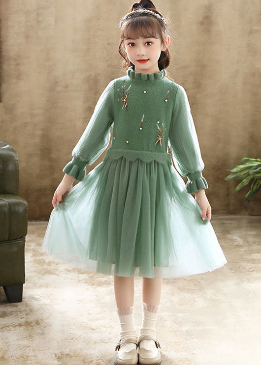 Boutique Green Embroideried Patchwork Tulle Baby Girls Dress Fall