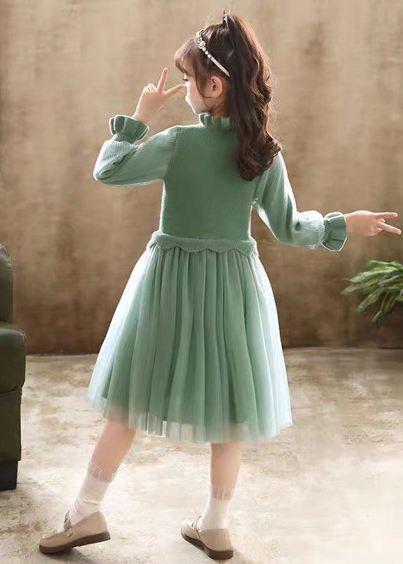 Boutique Green Embroideried Patchwork Tulle Baby Girls Dress Fall