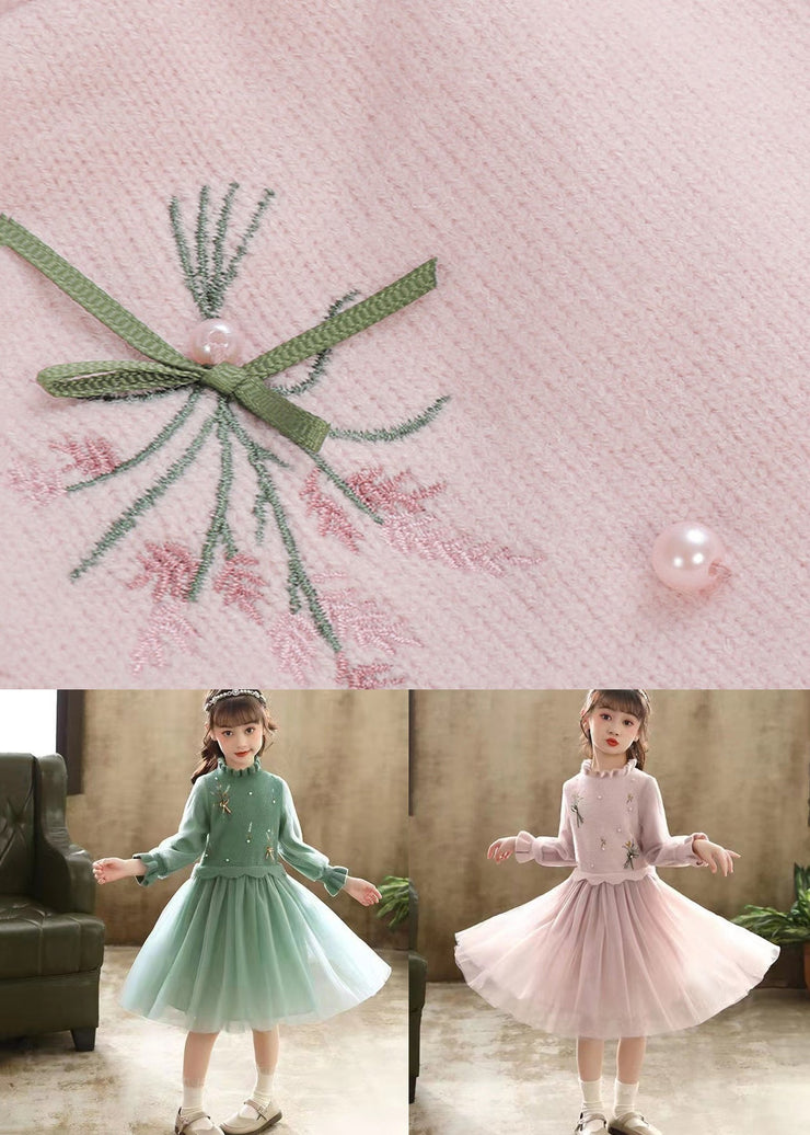 Boutique Green Embroideried Patchwork Tulle Baby Girls Dress Fall