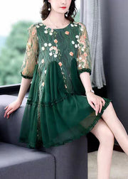 Boutique Green Embroideried Patchwork Tulle Mid Dresses Summer