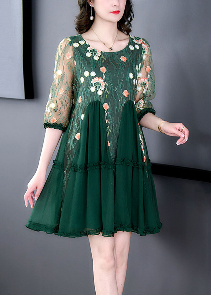 Boutique Green Embroideried Patchwork Tulle Mid Dresses Summer