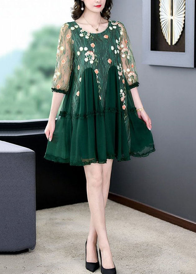 Boutique Green Embroideried Patchwork Tulle Mid Dresses Summer