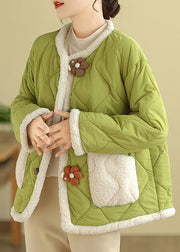 Boutique Green O Neck Pockets Fleece Wool Lined Jackets Winter