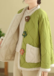 Boutique Green O Neck Pockets Fleece Wool Lined Jackets Winter