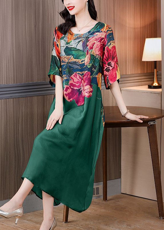 Boutique Green O Neck Print Patchwork Silk Dresses Summer