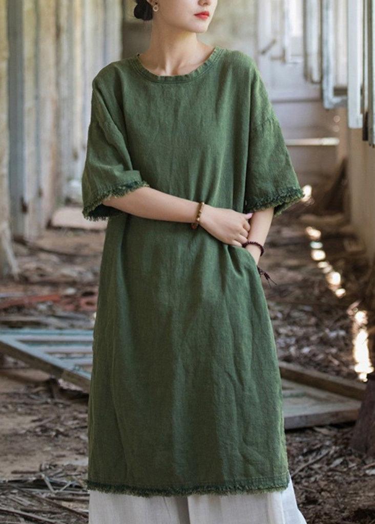 Boutique Green O Neck Side Open Linen T Shirts Dresses Summer