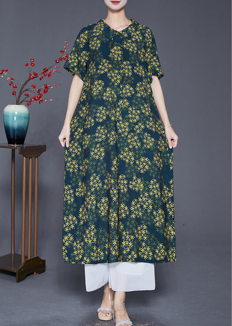 Boutique Green Peter Pan Collar Print Chiffon Dress Summer